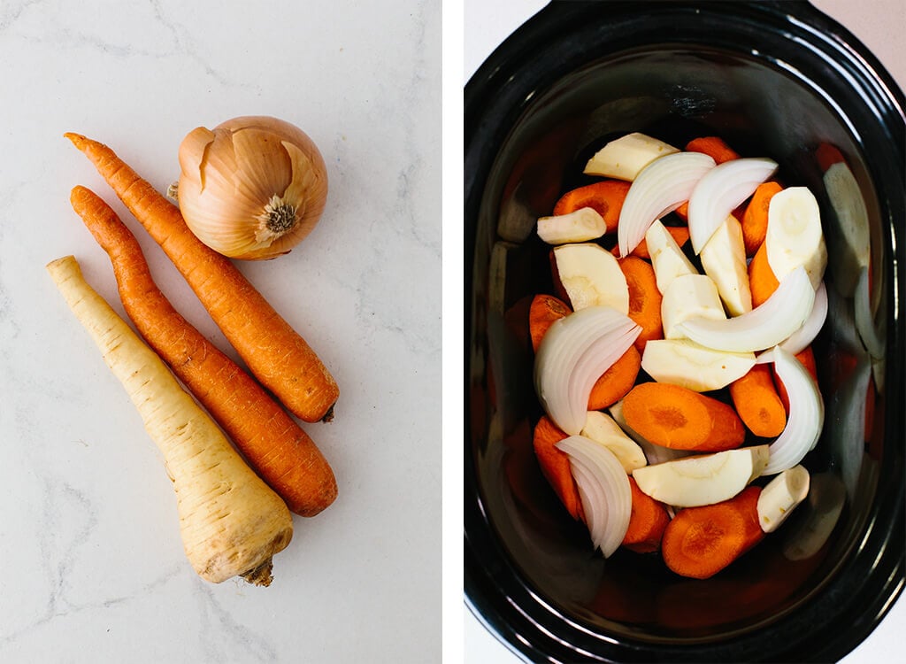 Vegetables diced and in slow cooker (crock pot).