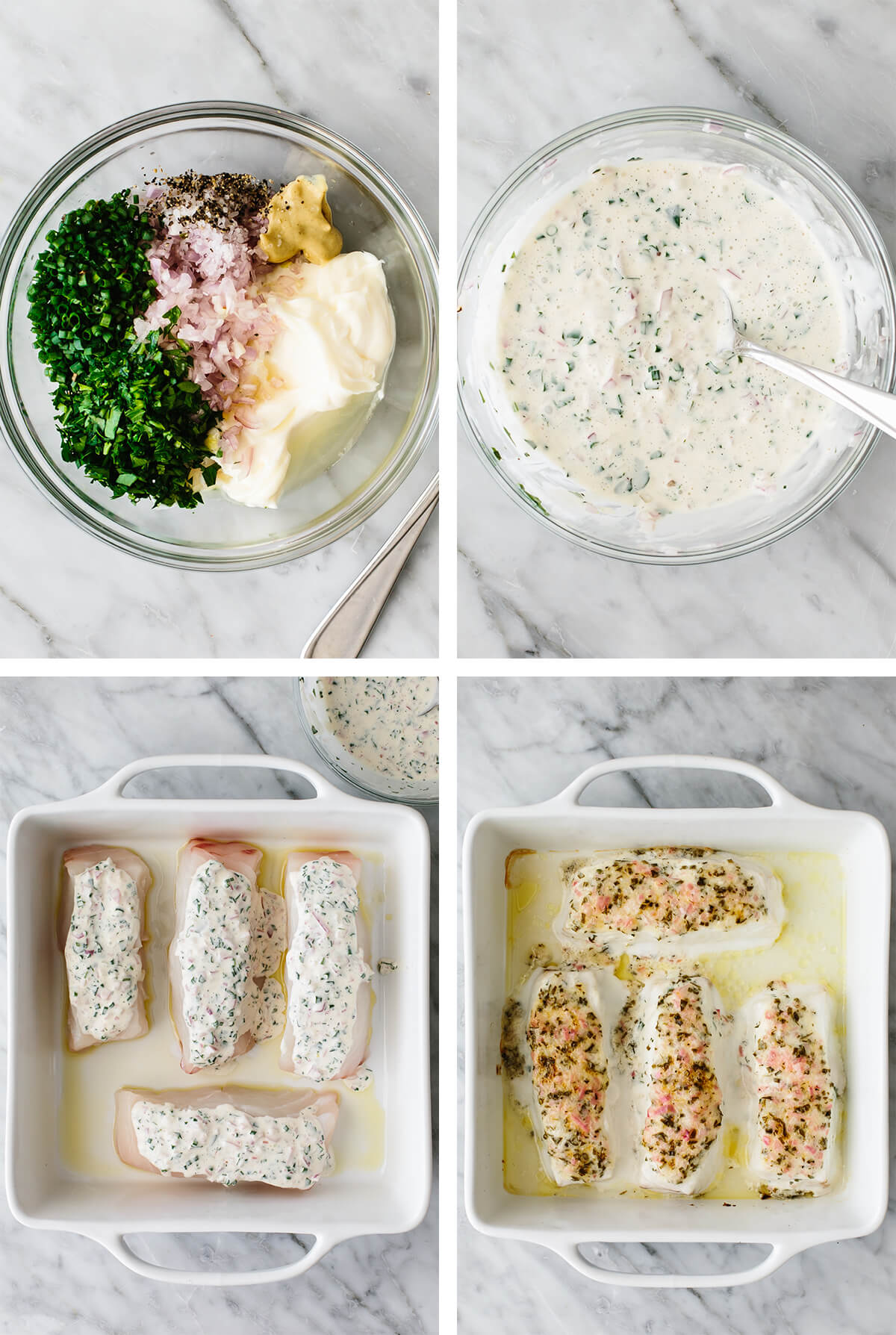 Making baked halibut in a ceramic baking pan.