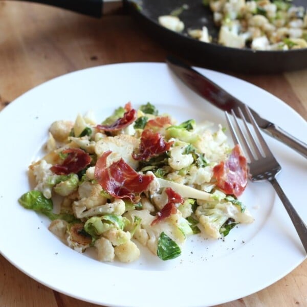 (gluten-free) warm cauliflower and prosciutto salad with chevre