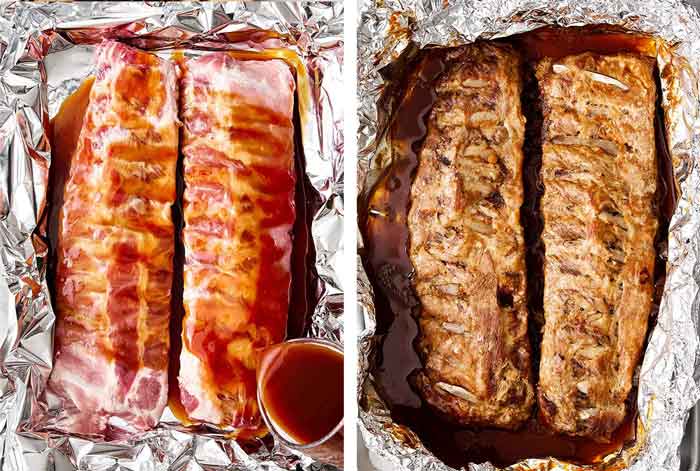 Pouring sauce over baby back ribs and baking in oven.
