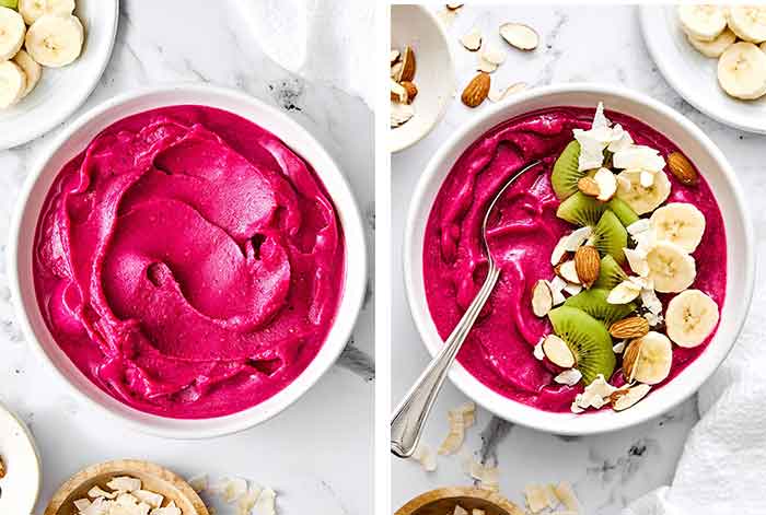 Adding toppings onto a pitaya smoothie bowl.