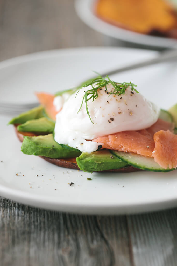 (gluten-free, paleo) Sweet Potato Toast with Avocado, Cucumber, Smoked Salmon and Poached Egg
