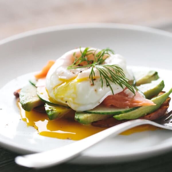 (gluten-free, paleo) Sweet Potato Toast with Avocado, Cucumber, Smoked Salmon and Poached Egg