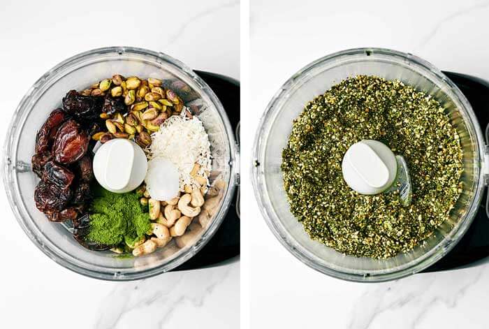 Blended matcha energy balls in food processor.