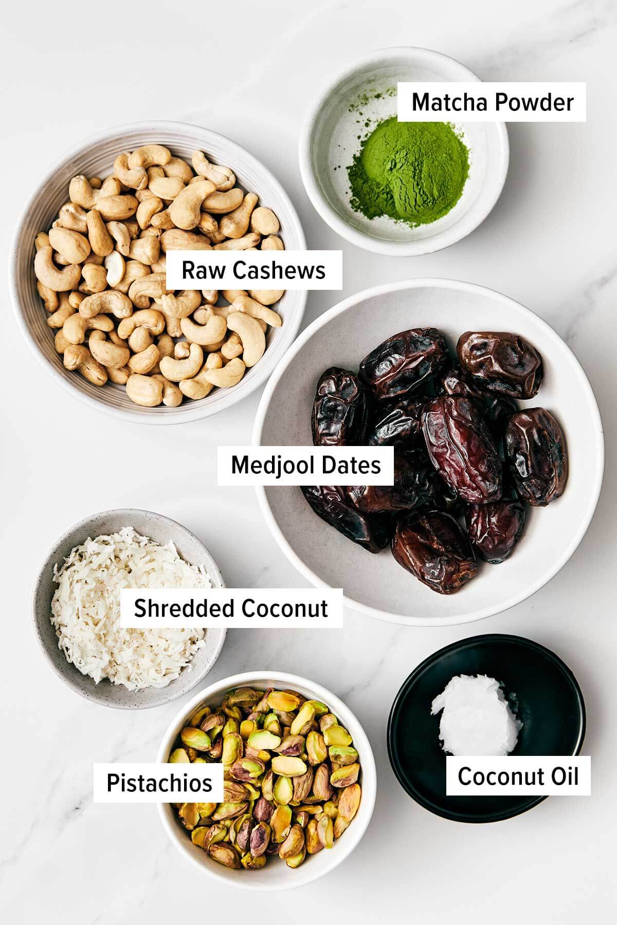 These matcha pistachio energy balls are my favorite power-packed healthy snack. Plus, they’re super easy to make and prep for the week! Ingredients for matcha energy balls.