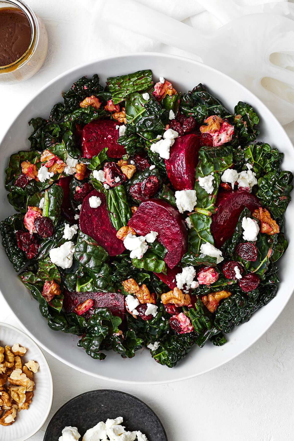 A large bowl of roasted beet salad