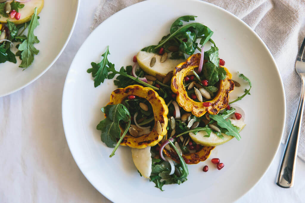 Roasted Delicata Squash, Pear and Pomegranate Salad