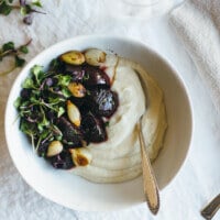 Celery root puree with balsamic roasted beets and pearl onions. A delicious veggie powered meal.