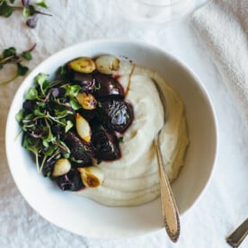 Celery root puree with balsamic roasted beets and pearl onions. A delicious veggie powered meal.