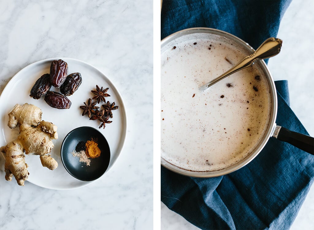 Chai spiced coconut milk made from ginger, turmeric, cinnamon, star anise, vanilla and coconut milk will heat you from the inside out and provide heaps of anti-inflammatory health benefits.