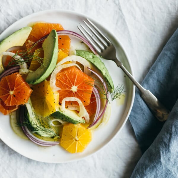 Orange, fennel and avocado salad with a white wine vinaigrette.
