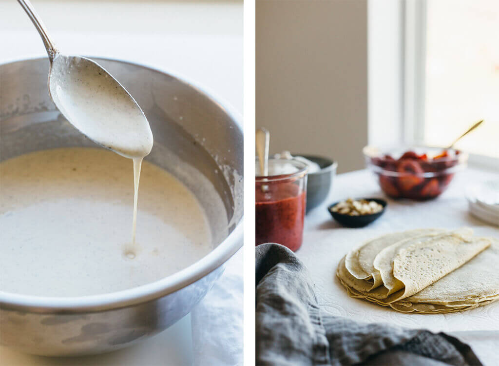 (gluten-free, paleo) Vanilla bean cassava flour crepes with strawberry chia jam. Sweet breakfast crepes are filled with homemade strawberry chia jam and topped with coconut whipped cream and almonds.