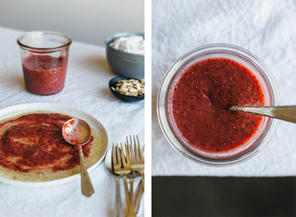 (gluten-free, paleo) Vanilla bean cassava flour crepes with strawberry chia jam. Sweet breakfast crepes are filled with homemade strawberry chia jam and topped with coconut whipped cream and almonds.