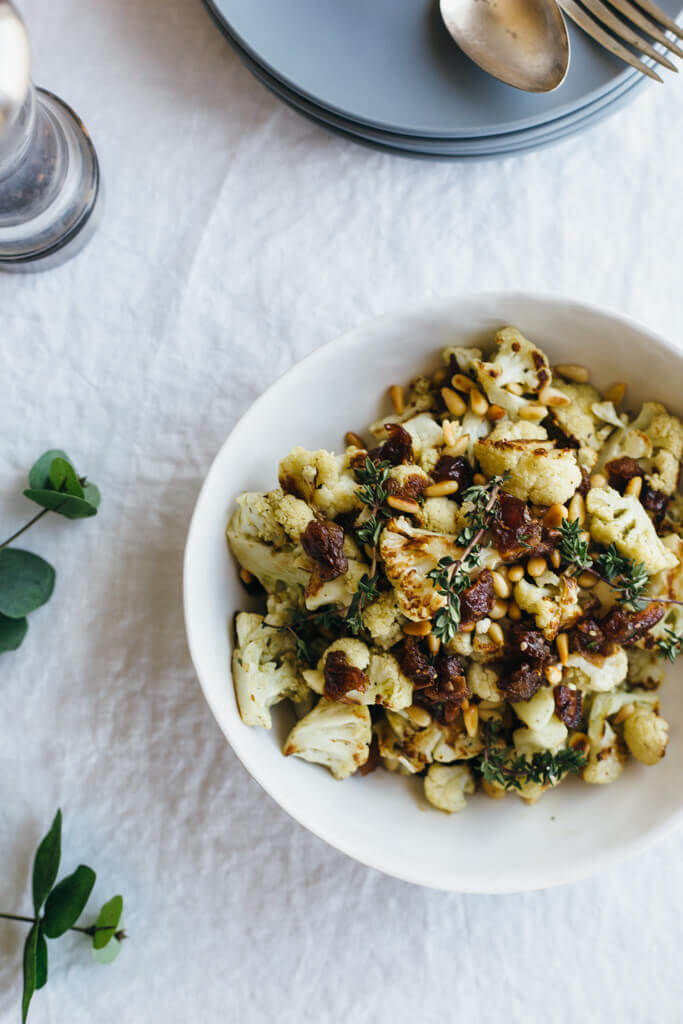 Zaatar Roasted Cauliflower with Dates, Pine Nuts and Thyme  Downshiftology