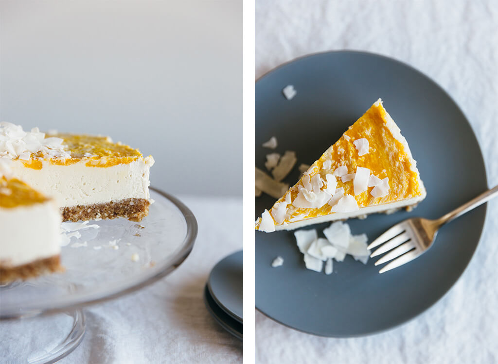 Raw coconut, macadamia and mango cheesecake. Gluten-free, dairy-free, paleo. 