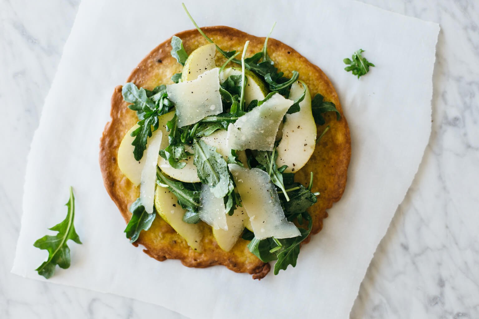 crispy socca with pear and arugula salad (gluten-free)