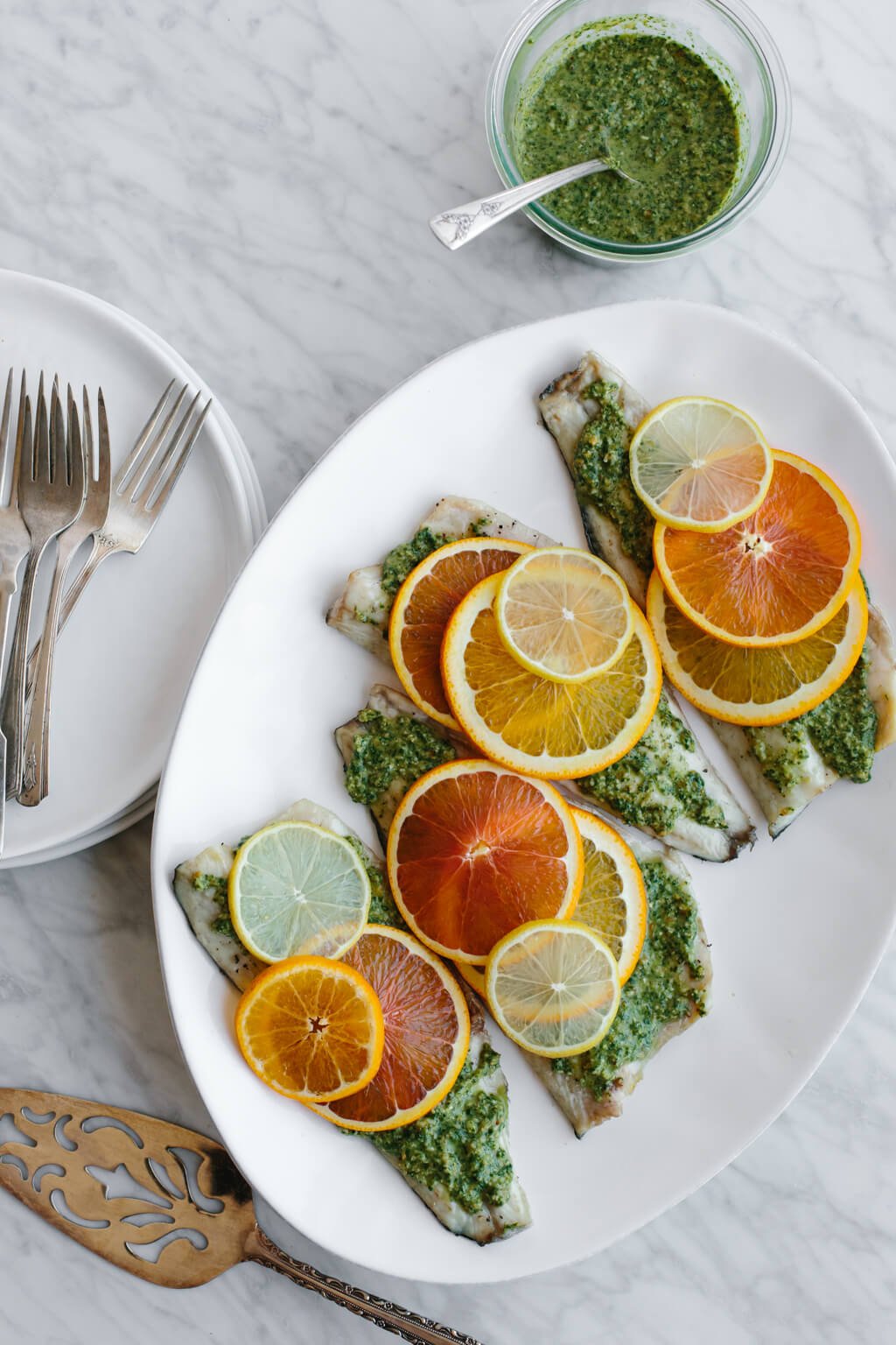 roasted branzino with citrus pesto