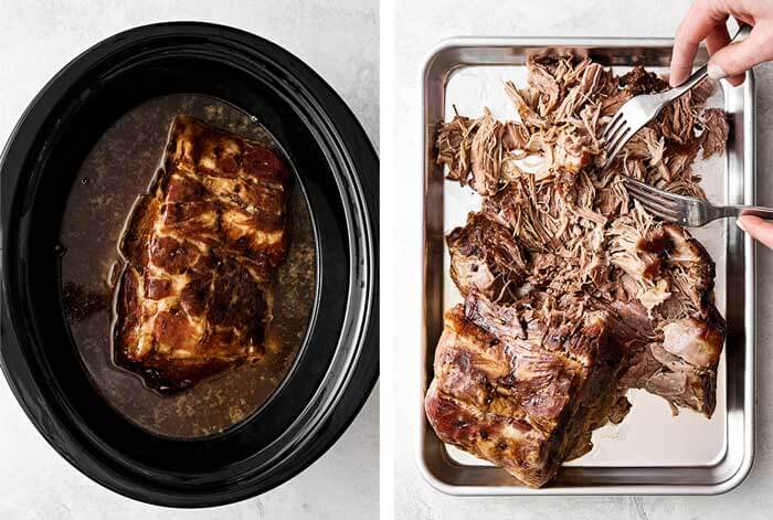 Slow cooked Kalua pork on a sheet pan.