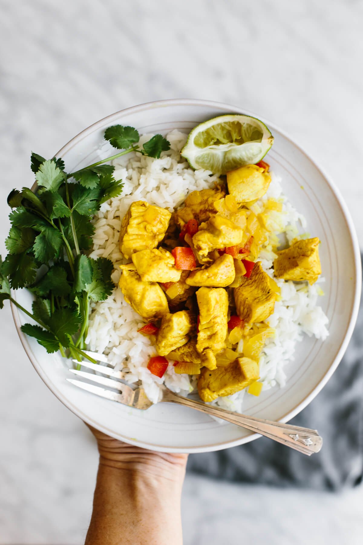 Coconut curry chicken is an easy, healthy, one-pan, weeknight dinner recipe that's packed with flavor! A serving of coconut curry chicken on a plate.