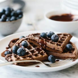 (gluten-free, paleo) These chocolate waffles are utterly delicious and decadent. Made with raw cacao powder they're a family favorite breakfast recipe. Watch the video to learn how to make these paleo waffles.