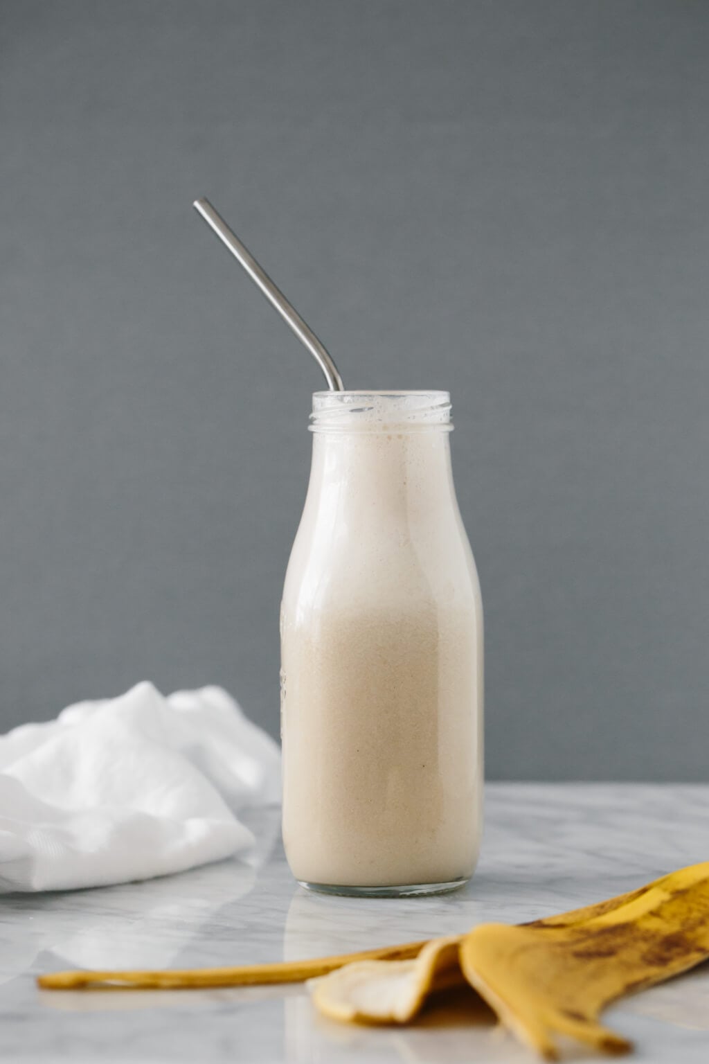 (dairy-free) Banana milk is a delicious nut-free, dairy-free milk alternative. With only two-ingredients it's quick and easy to whip up at home.