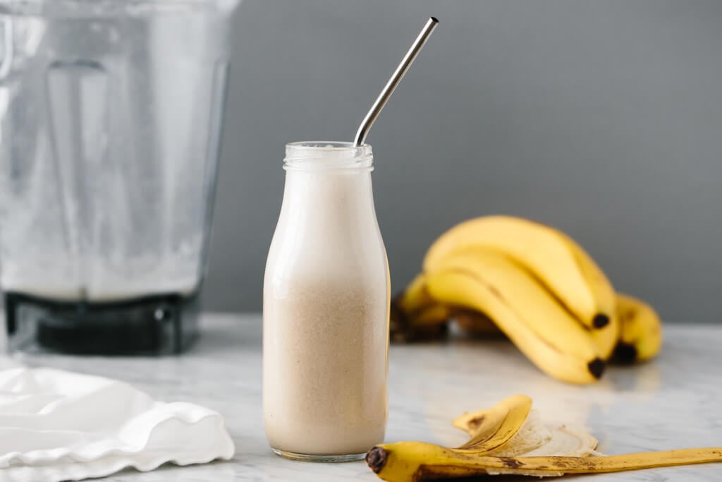 (dairy-free) Banana milk is a delicious nut-free, dairy-free milk alternative. With only two-ingredients it's quick and easy to whip up at home.