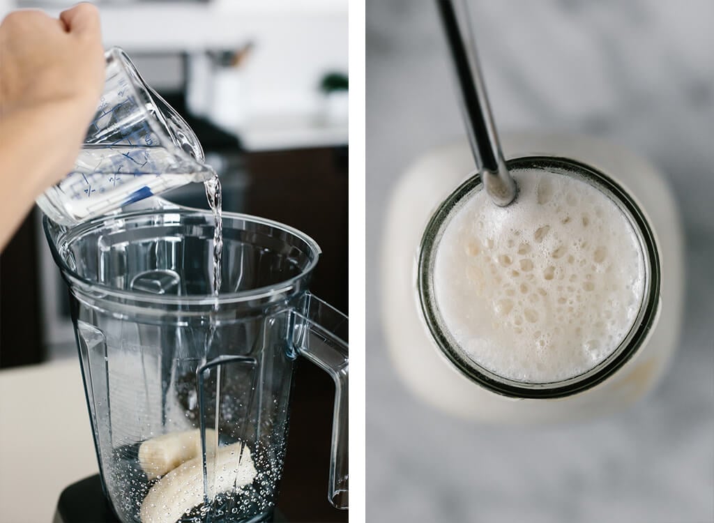 (dairy-free) Banana milk is a delicious nut-free, dairy-free milk alternative. With only two-ingredients it's quick and easy to whip up at home.