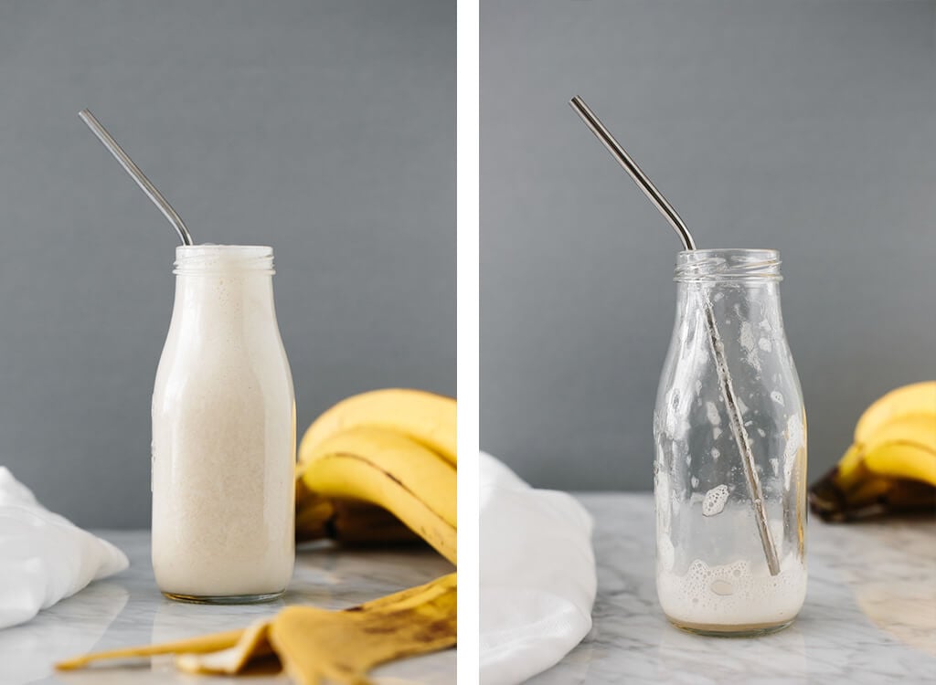(dairy-free) Banana milk is a delicious nut-free, dairy-free milk alternative. With only two-ingredients it's quick and easy to whip up at home.