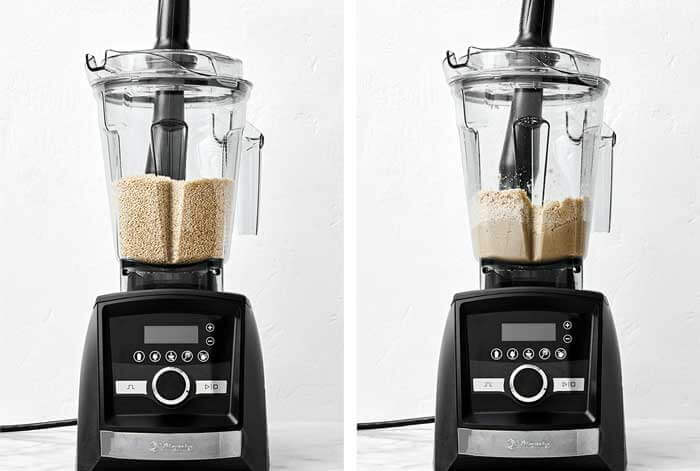 Blending tahini in a Vitamix.