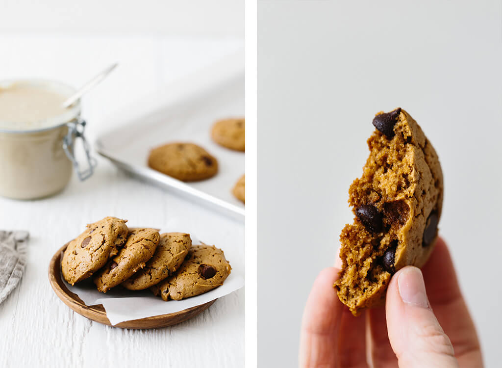 These flourless chocolate chip tahini cookies are gluten-free, nut-free and paleo. They're soft, chewy and utterly delicious. So easy to make! #TahiniCookies #Tahini #TahiniRecipes #ChocolateChipCookies #CookieRecipe #Paleo #GlutenFree #NutFree