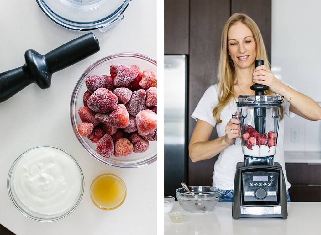 This strawberry frozen yogurt recipe is beyond easy. It takes just three ingredients and 30 seconds! Showing how to make frozen yogurt in a Vitamix blender.
