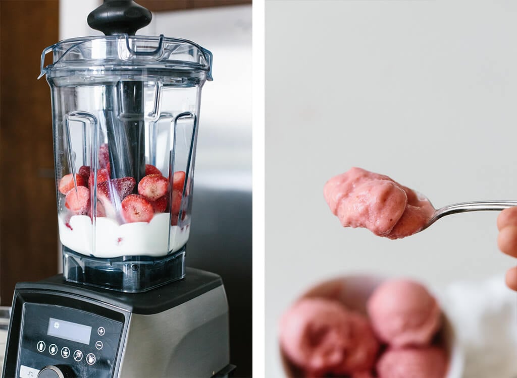 This strawberry frozen yogurt recipe is beyond easy. It takes just three ingredients and 30 seconds! Strawberry frozen yogurt being made in a Vitamix blender.
