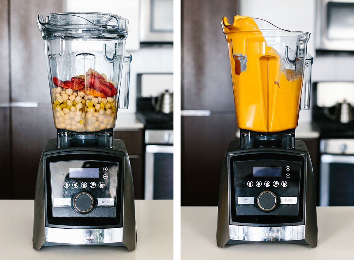 Blending roasted red pepper hummus in a Vitamix
