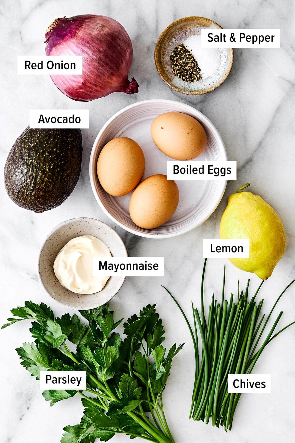 This avocado egg salad is a healthy twist on your classic egg salad with creamy avocado and fresh herbs—a salad recipe you'll love! Ingredients for avocado egg salad.