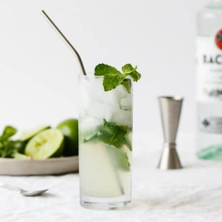 The mojito (a classic Cuban cocktail) is a blend of rum, sugar, lime juice, mint leaves and club soda. We're keeping the sugar low in this version and swapping granulated sugar (or simple syrup) for honey. It's delicious, easy, refreshing and the best mojito around!