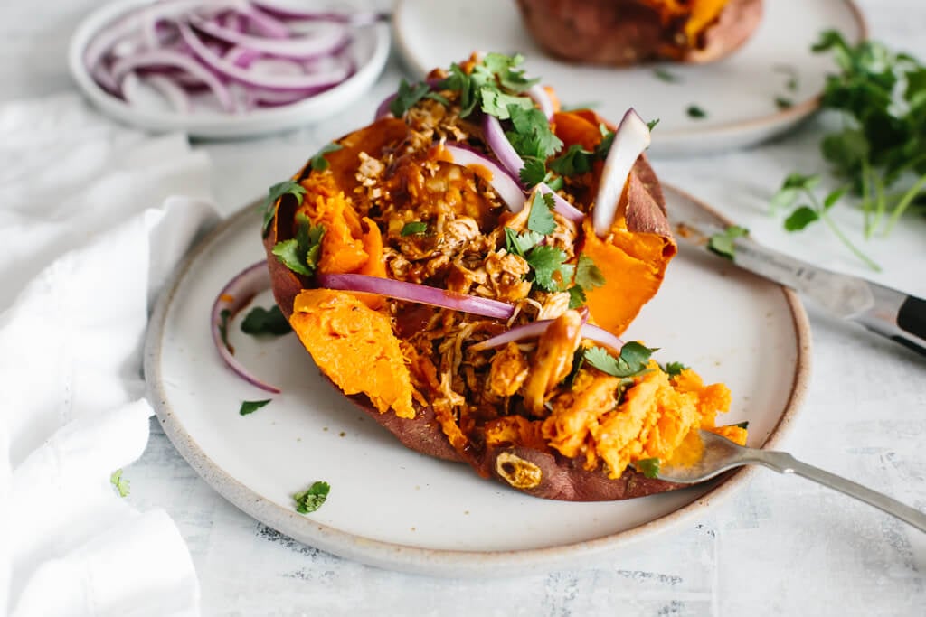 BBQ chicken stuffed sweet potatoes are a healthy, easy, gluten-free, paleo and Whole30 meal.