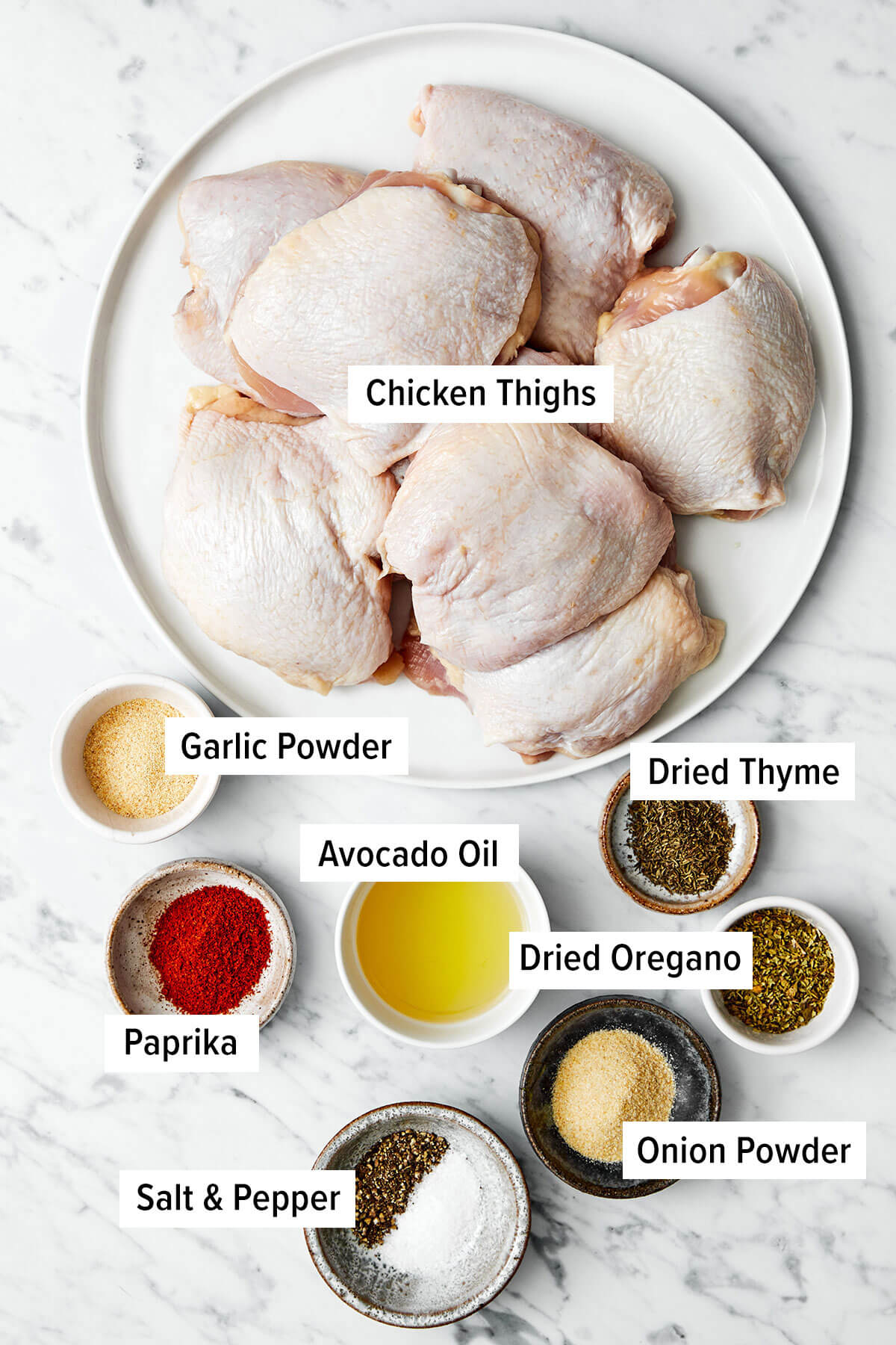 These crispy and juicy baked chicken thighs make for the perfect weeknight meal. They’re incredibly easy to make and packed with flavor! Ingredients for baked chicken thighs.