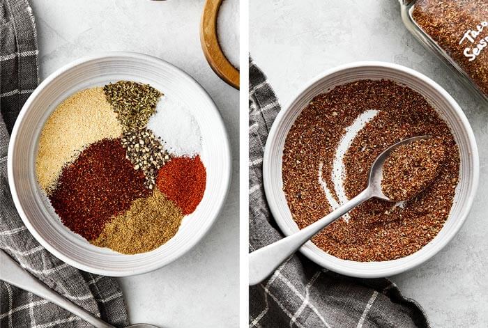 Mixing taco seasoning in a bowl.
