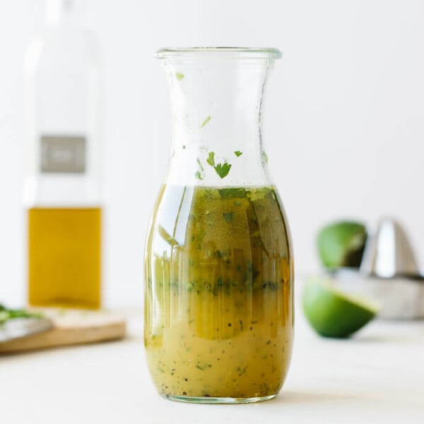 Citrus lime vinagrette made from orange juice, lime juice, chopped cilantro, diced jalapeno, olive oil salt and pepper.