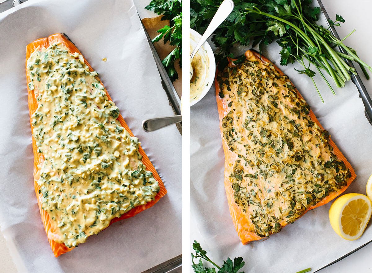 Baking a dijon baked salmon on a sheet pan.