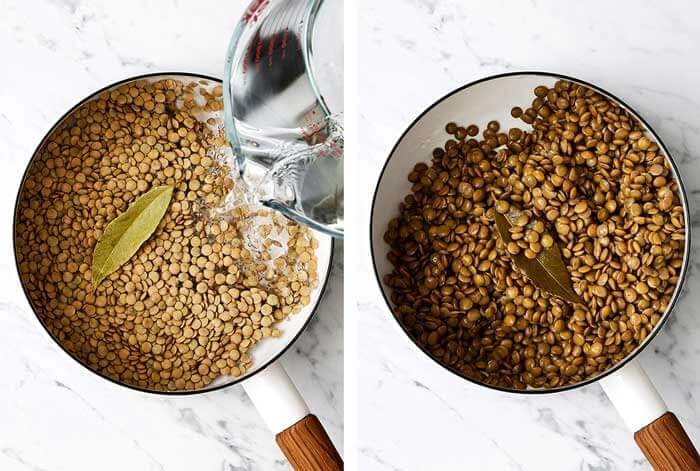 Cooked lentils in a pot.