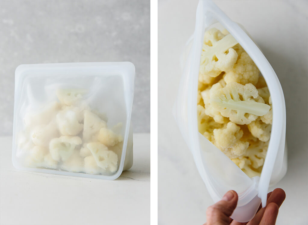 Frozen cauliflower stored in a silicone bag.