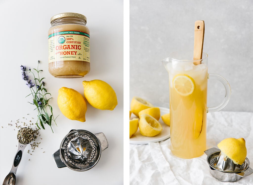 Honey, lemons, and dried lavender on a table, then mixed into a pitcher.