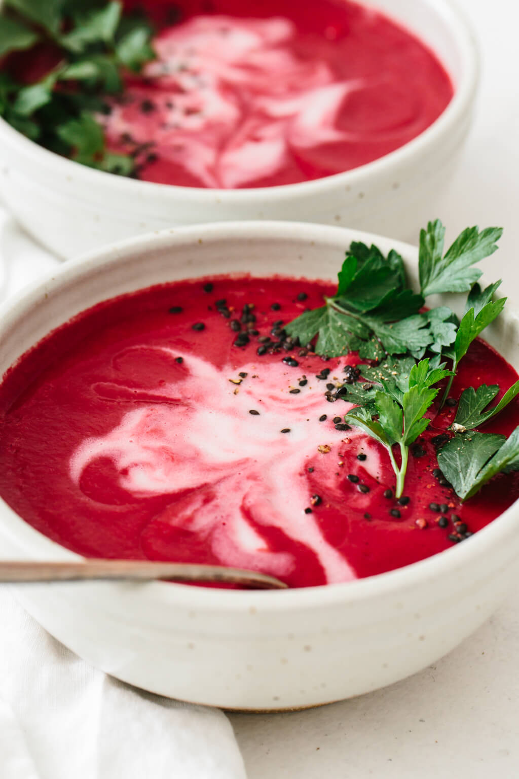 Close up shot of beet soup.