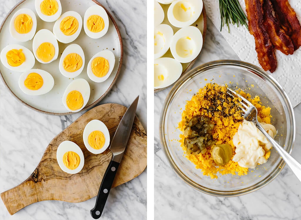 Slicing hard boiled eggs in half and making the filling for bacon deviled eggs.
