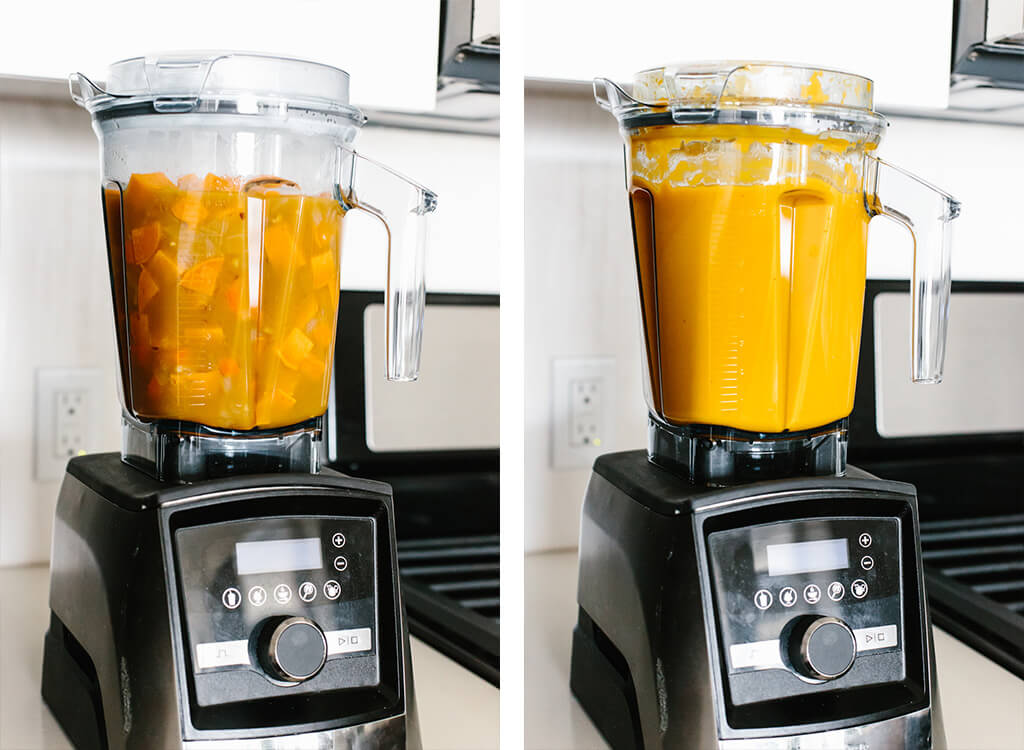 Blending sweet potato soup in a Vitamix blender.