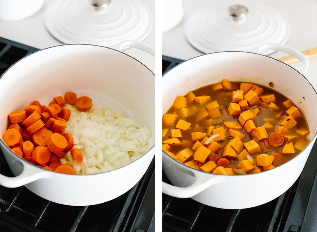 Making sweet potato soup in a pot on the stove.