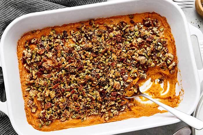 Sweet potato casserole in a baking dish.