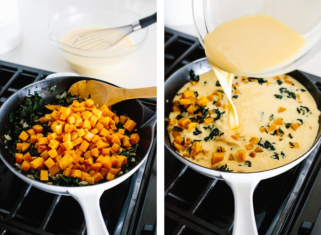 Sauteing butternut squash and pouring eggs into the frittata pan.