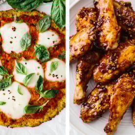 Cauliflower pizza and chicken wings for Super Bowl food ideas.